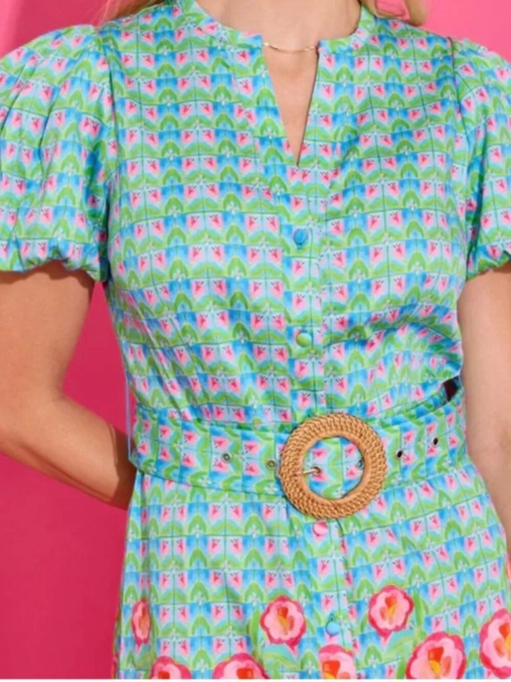 Alden Adair Bright Floral Border Tunic - Turquoise & Pink - M - $298 Original - Picture 2 of 7